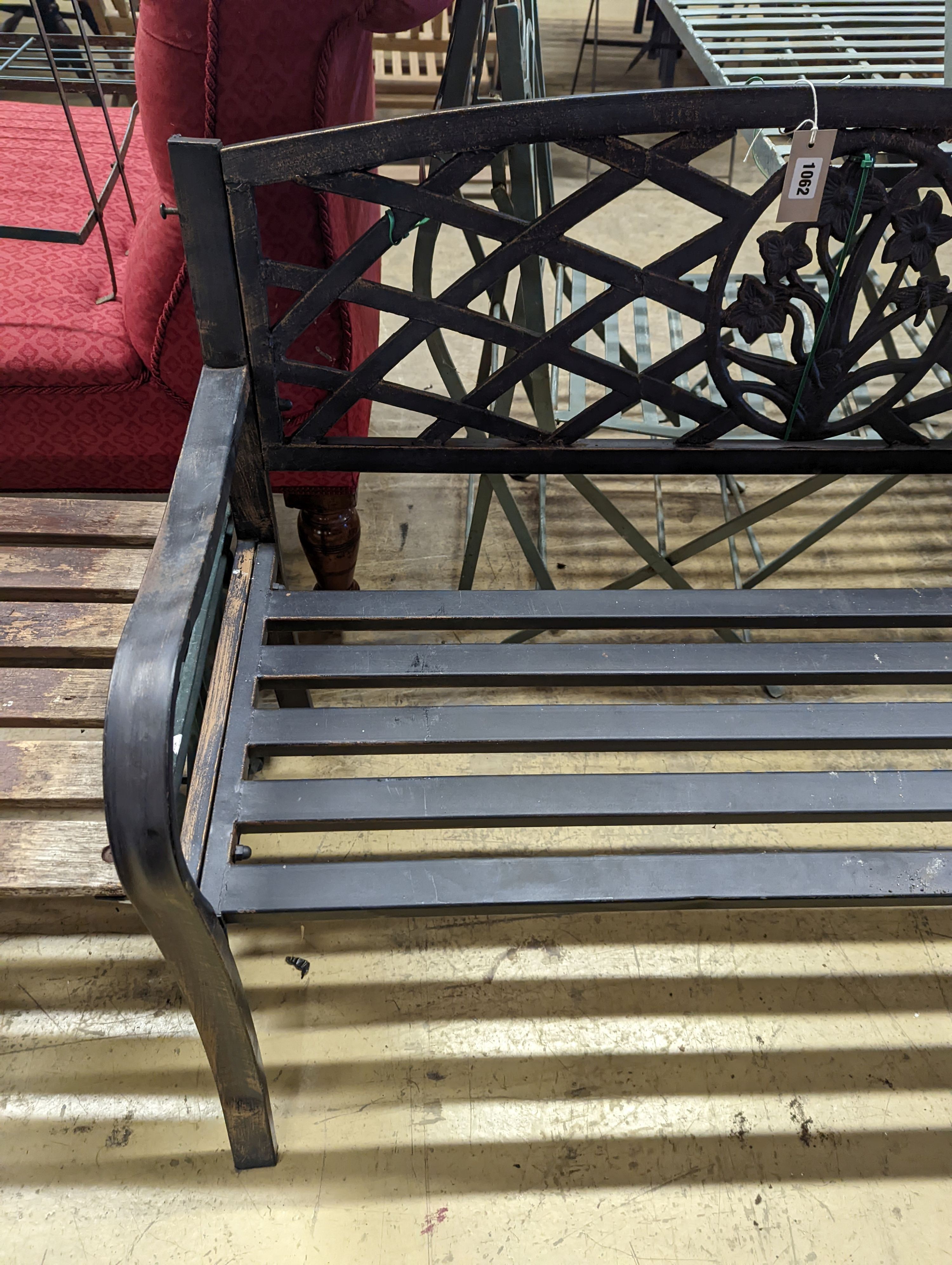 An aluminium garden bench, length 114cm, depth 46cm, height 82cm and a square low slatted garden table